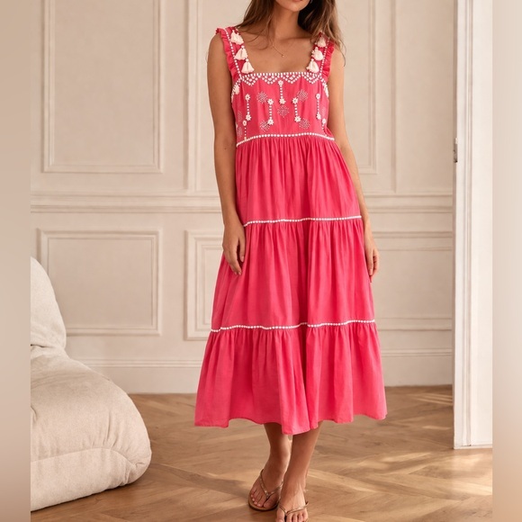 Ranna Gill Dresses & Skirts - Ranna Gill Pink Tassel Boho Tiered Summer Cottagecore Embroidered Midi Dress